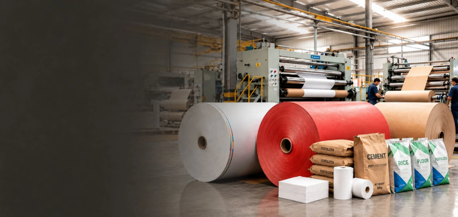 Full-width paper jumbo rolls and converting production banner